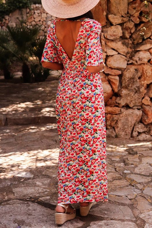 Deep V Cutout Floral Maxi Dress