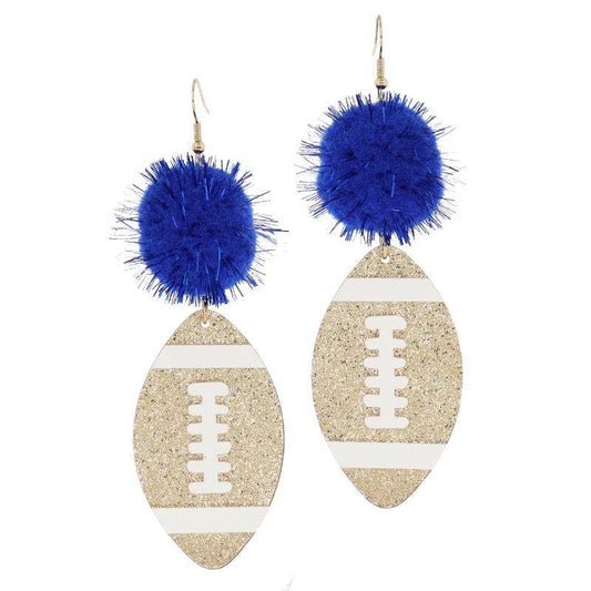 Blue Tinsel Pom & Glitter Football Earrings